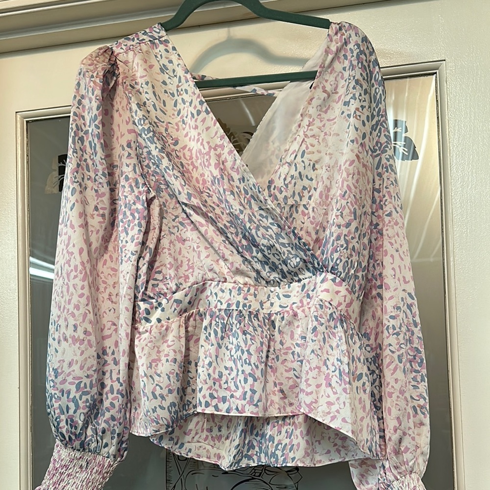 Express Pink and Gray Flutter Sleeve Wrap Blouse